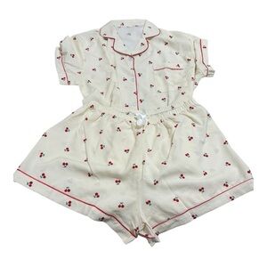 Cream/Red/Green Women's XL Red Cherry Pattern Red Piping Pajama Set